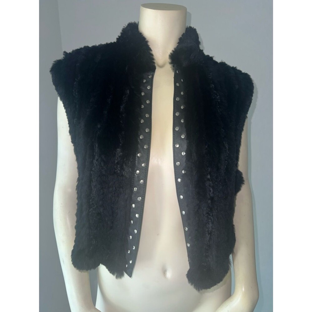 Mitches Black Fur Studded Festival Cozy Sleeveless Vest. Size Medium.